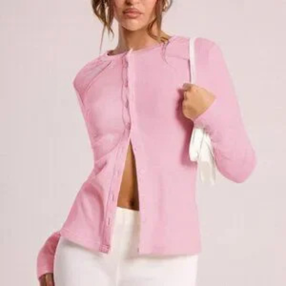 ZARA Pink Casual Women's Ribbed Button Through Long Sleeve Crew Neck Top